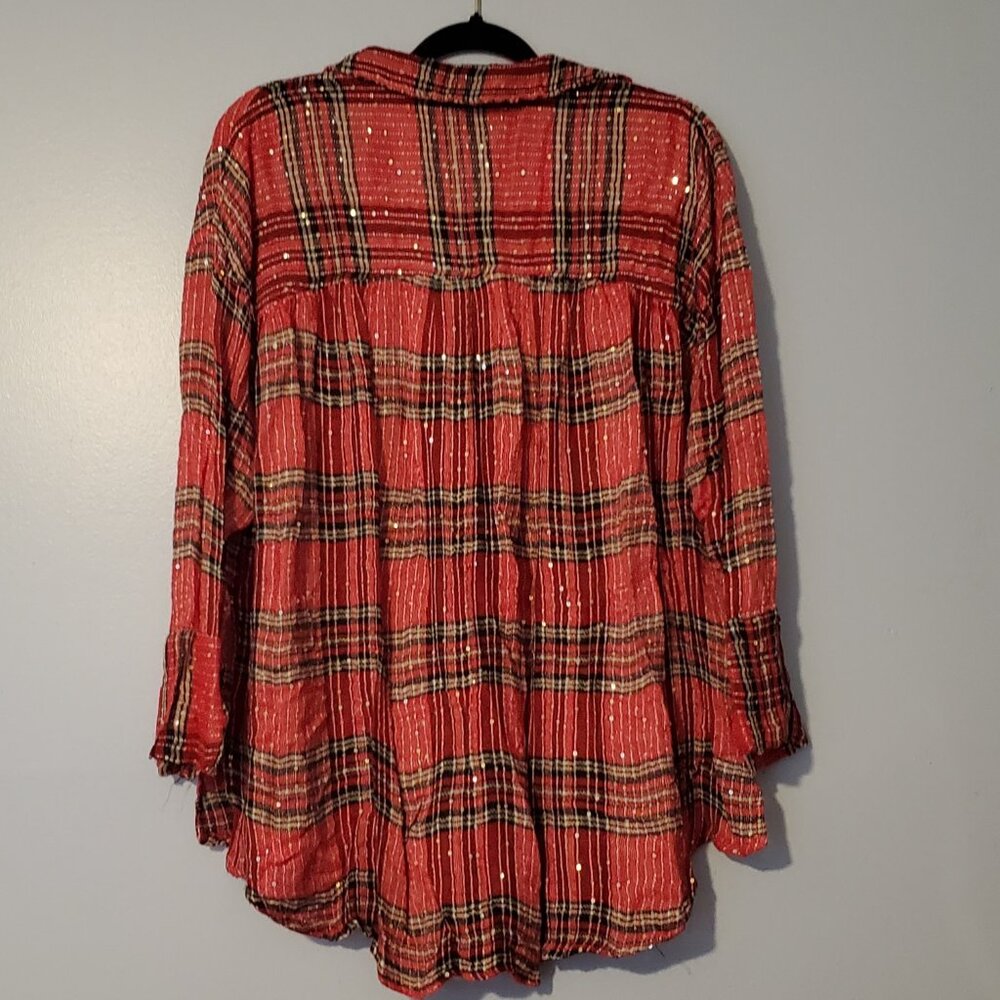Free People Fearless Love Long Sleeve Sparkle Gauzy Plaid Pullover Shirt  Medium - Picture 5 of 9